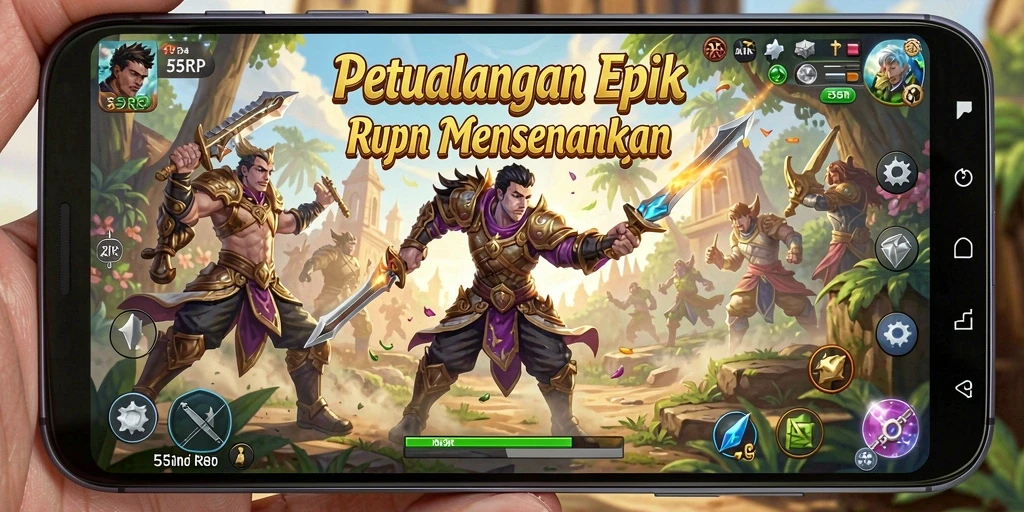 Screenshot menunjukkan gameplay seru dengan pertempuran RPG yang mendebarkan.