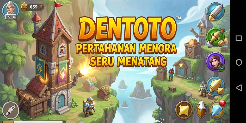 Tampilan gameplay <strong>DENTOTO</strong> yang menegangkan dengan menara dan musuh.