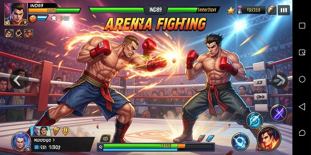 Tampilan gameplay pertarungan yang seru dalam IND89 dengan karakter yang beragam.