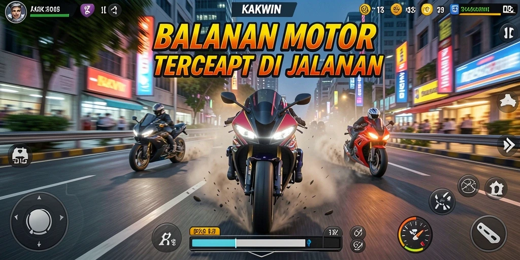 Tampilan gameplay KAKWIN dengan aksi balapan motor yang seru dan mendebarkan.