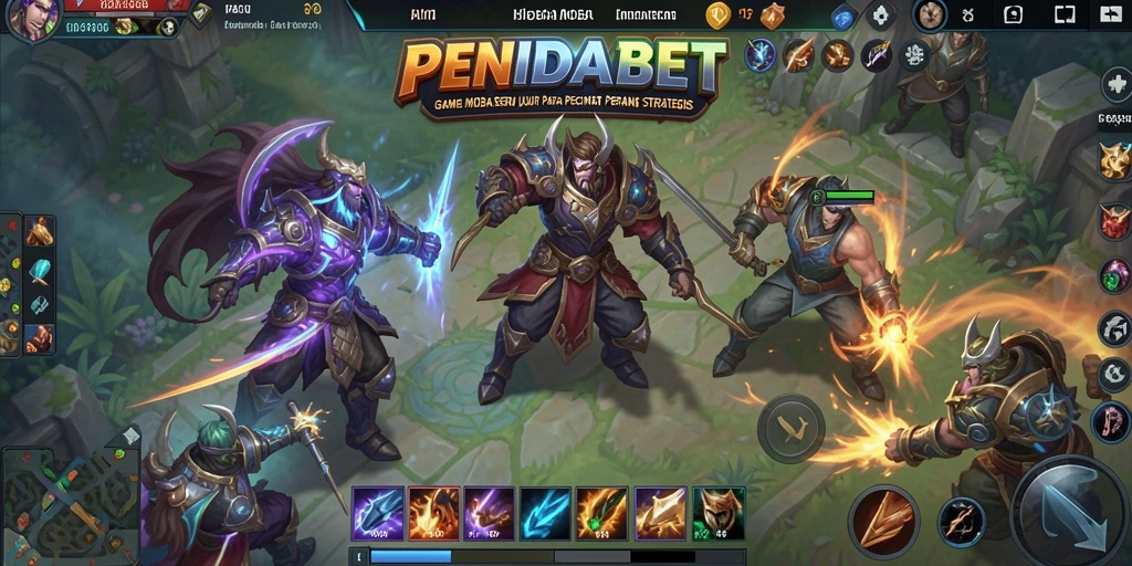 Tampilan utama gameplay <strong>PENIDABET</strong> dengan aksi pertempuran MOBA yang mendebarkan.