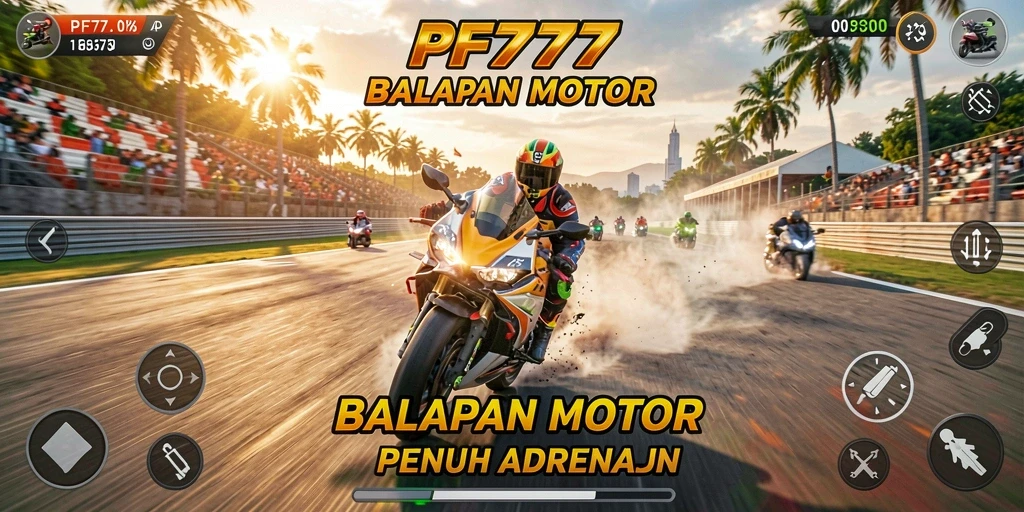 Tampilan gameplay seru dalam balapan motor PF777 yang menantang.