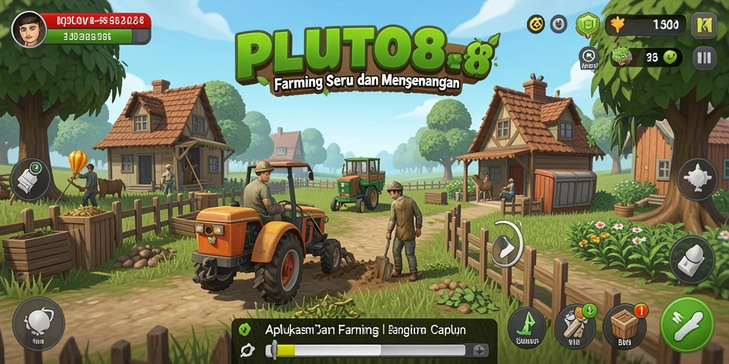 Tangkapan layar gameplay PLUTO88 yang menampilkan pertanian yang aktif dan berwarna.
