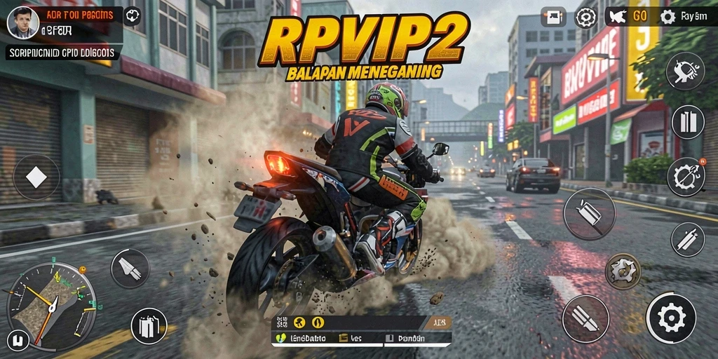 Tampilan gameplay RPVIP2 dengan aksi balapan motor seru.