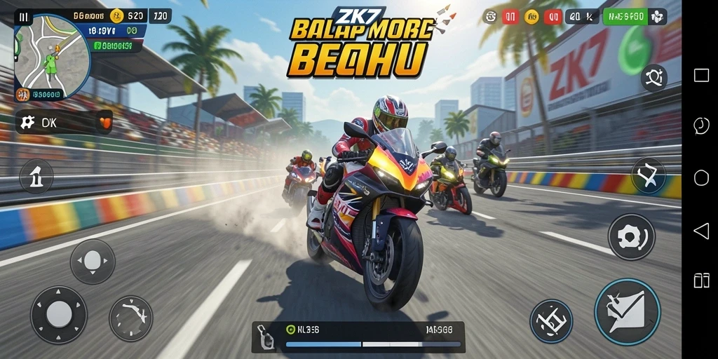 Screenshot ZK7 menampilkan aksi balap motor yang memacu adrenalin.